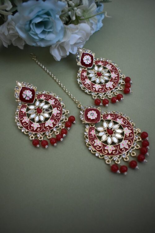 Beautiful Meenakari Mirror Studded Earrings With Maang Tikka
