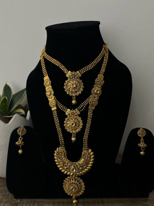 Gold Toned Multi Layer Long Necklace Set