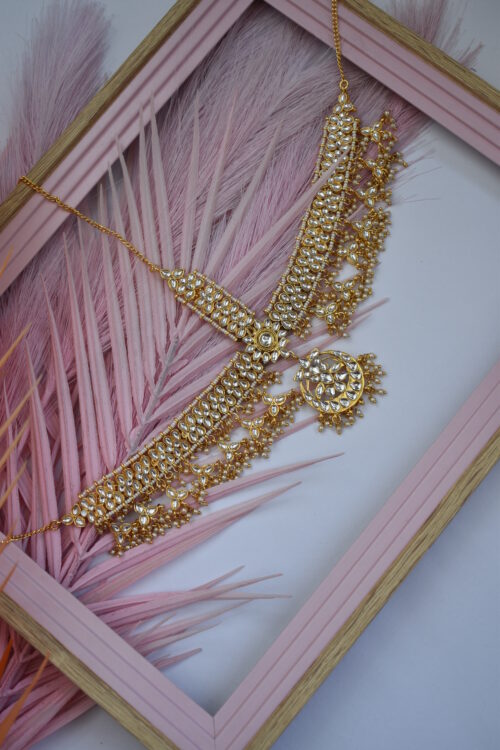 Gold Plated Kundan & Beads Mathapatti / Head Chain / Tikka Head Set