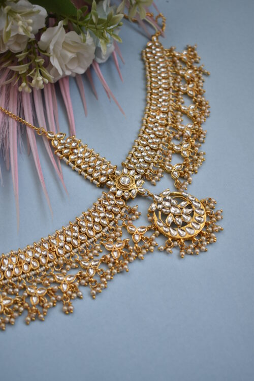 Gold Plated Kundan & Beads Mathapatti / Head Chain / Tikka Head Set