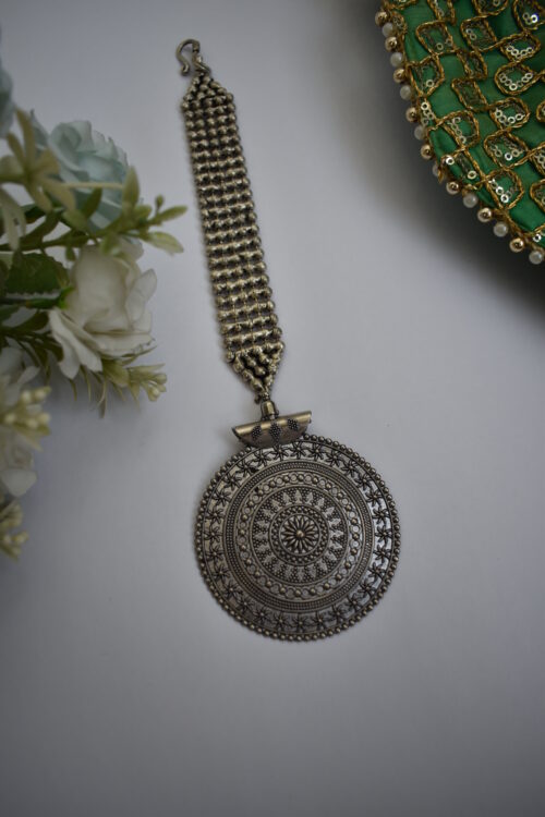 Big Silver Toned Oxidised Maang Tikka Head Jewellery