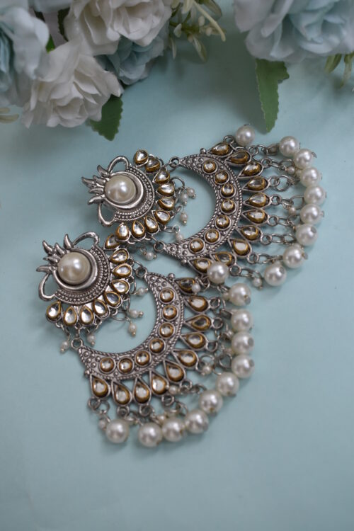 Oxidised German Silver Pearl Mirror Chandbali Earrings