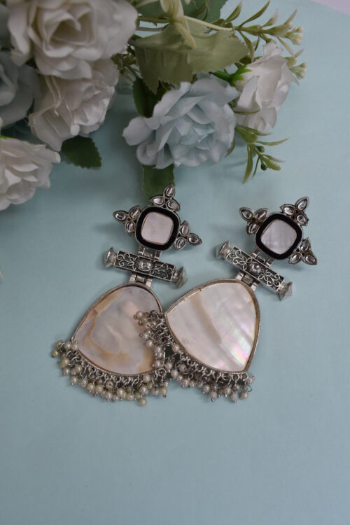 Ivory Stone Silver Finish Statement Ethnic Earrings