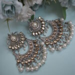 Oxidised German Silver Pearl Mirror Chandbali Earrings