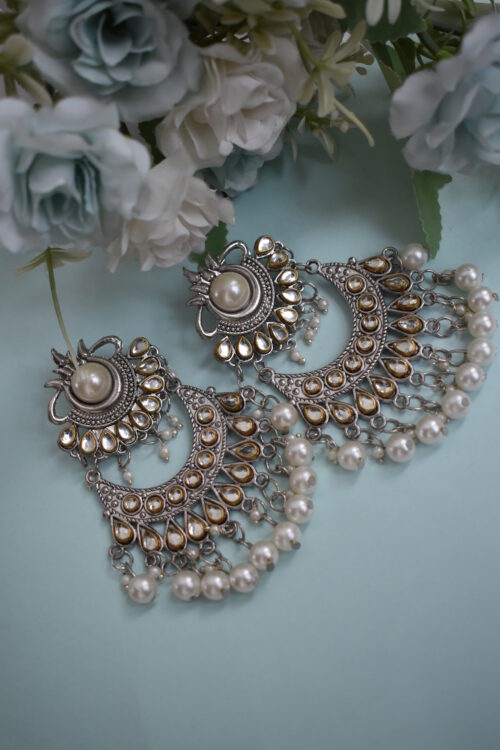 Oxidised German Silver Pearl Mirror Chandbali Earrings