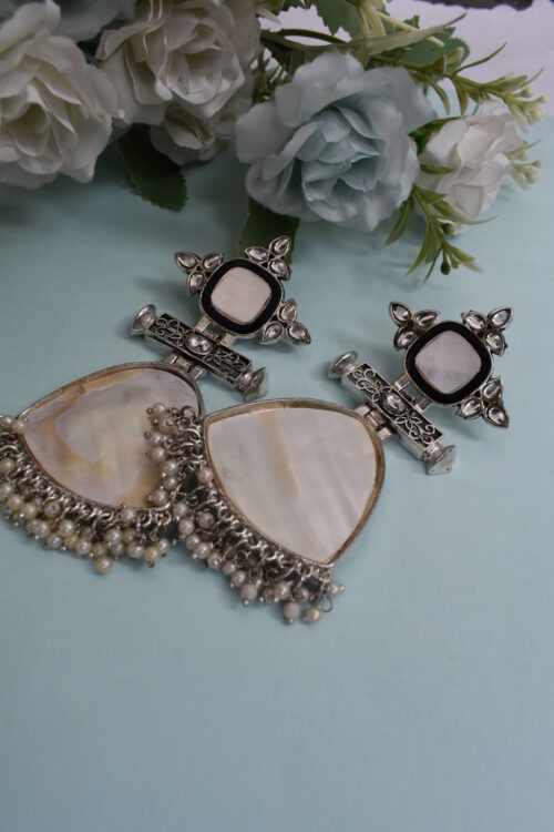 Ivory Stone Silver Finish Statement Ethnic Earrings