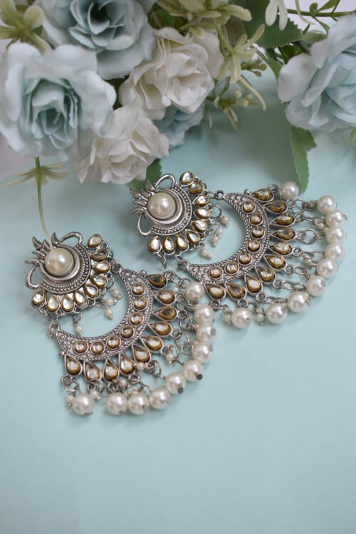 Oxidised German Silver Pearl Mirror Chandbali Earrings