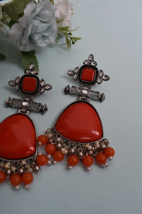 Ivory Stone Big Silver Finish Statement Ethnic Earrings - Image 4
