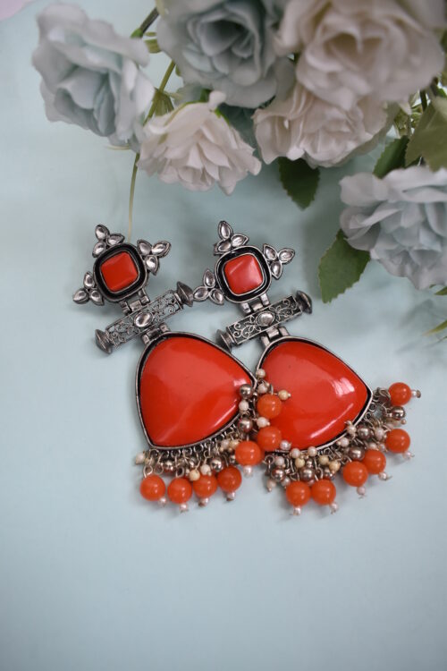Ivory Stone Big Silver Finish Statement Ethnic Earrings - Image 13
