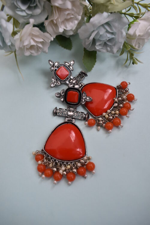 Ivory Stone Big Silver Finish Statement Ethnic Earrings - Image 12