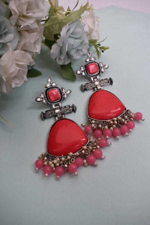 Ivory Stone Big Silver Finish Statement Ethnic Earrings - Image 11