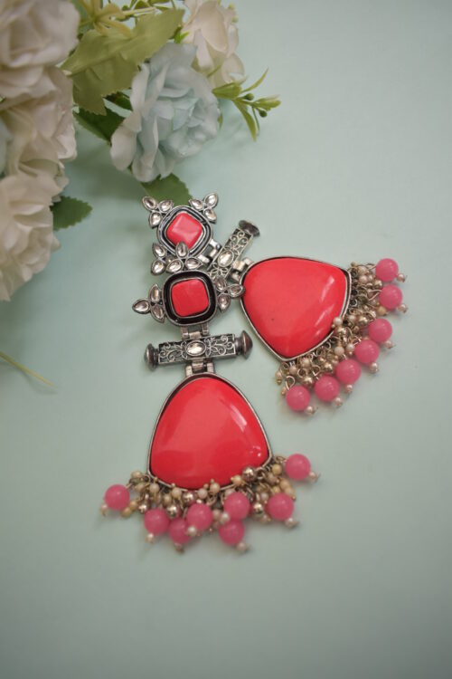 Ivory Stone Big Silver Finish Statement Ethnic Earrings - Image 10
