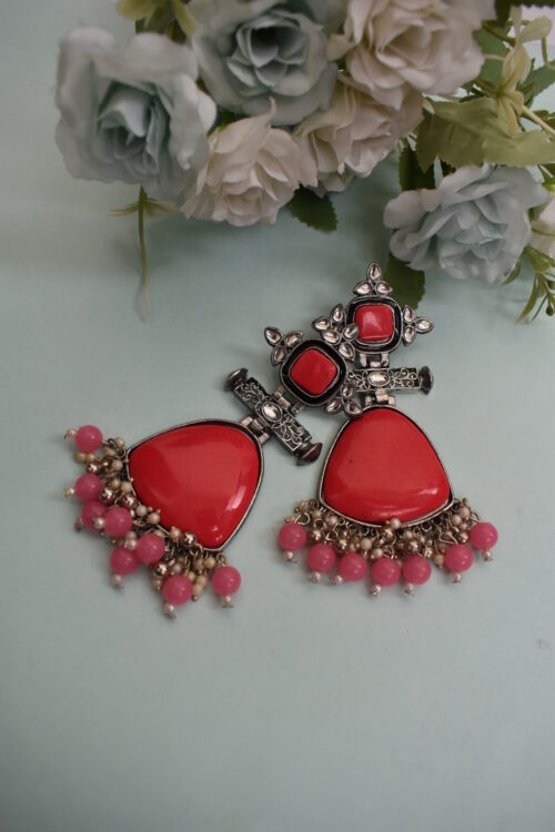 Ivory Stone Big Silver Finish Statement Ethnic Earrings - Image 9