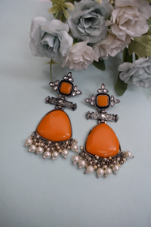 Ivory Stone Big Silver Finish Statement Ethnic Earrings - Image 7