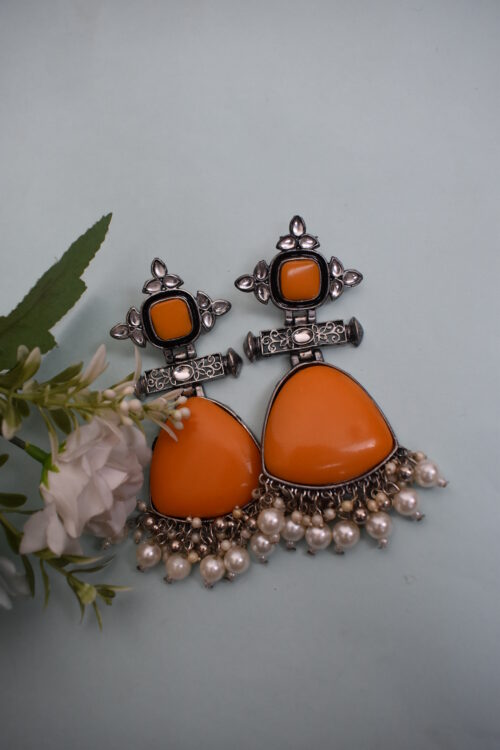 Ivory Stone Big Silver Finish Statement Ethnic Earrings - Image 6