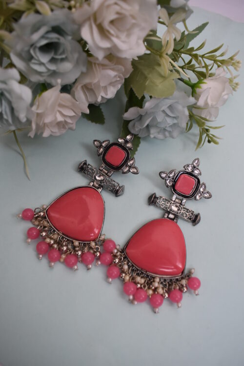 Ivory Stone Big Silver Finish Statement Ethnic Earrings - Image 2
