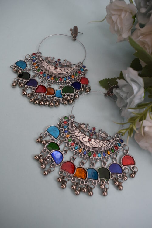Beautiful Big Multicolor Chandbali Enamel Oxidized Afghani Design Earrings - Image 3