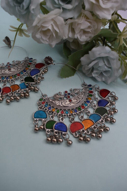 Beautiful Big Multicolor Chandbali Enamel Oxidized Afghani Design Earrings - Image 2