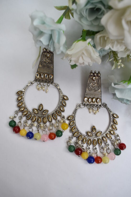 German Silver Multicolor Pearl  & Mirror Boho Chandbali Earrings