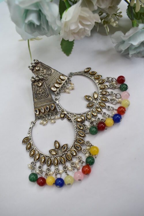 German Silver Multicolor Pearl  & Mirror Boho Chandbali Earrings