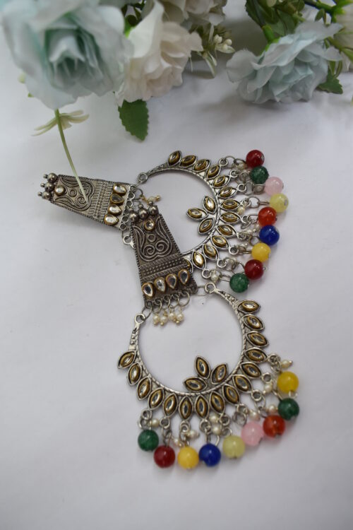 German Silver Multicolor Pearl  & Mirror Boho Chandbali Earrings