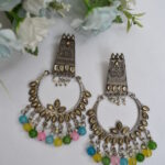Oxidised German Silver Multicolor Pearl  & Mirror Boho Chandbali Earrings
