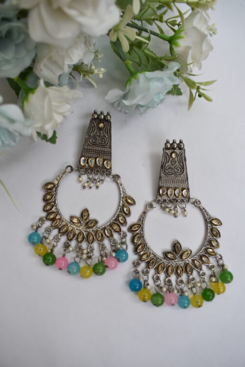 Oxidised German Silver Multicolor Pearl  & Mirror Boho Chandbali Earrings