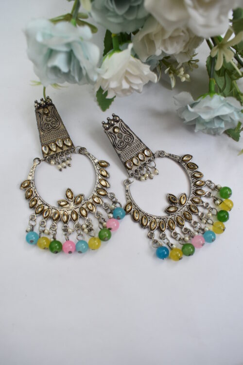 Oxidised German Silver Multicolor Pearl  & Mirror Boho Chandbali Earrings