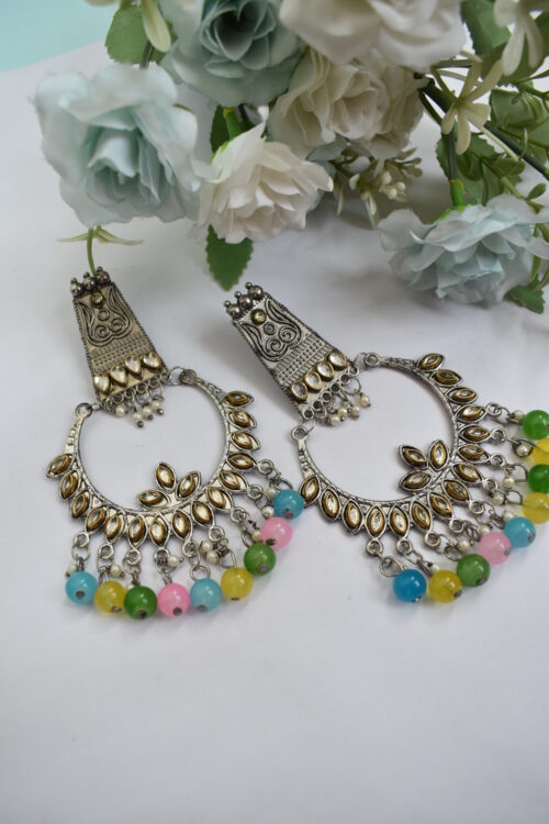 Oxidised German Silver Multicolor Pearl  & Mirror Boho Chandbali Earrings