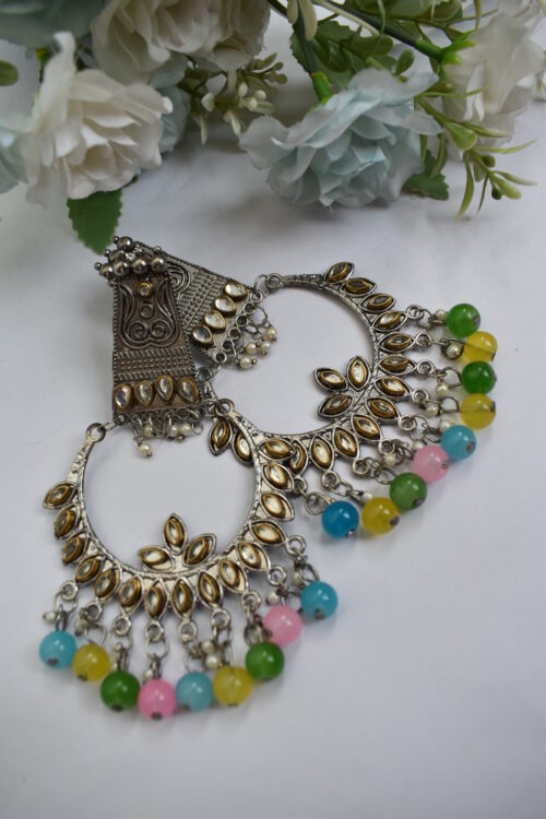 Oxidised German Silver Multicolor Pearl  & Mirror Boho Chandbali Earrings