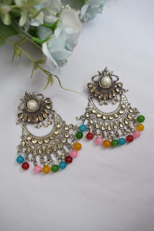 Oxidised German Silver Multicolor Pearl  & Mirror Chandbali Earrings