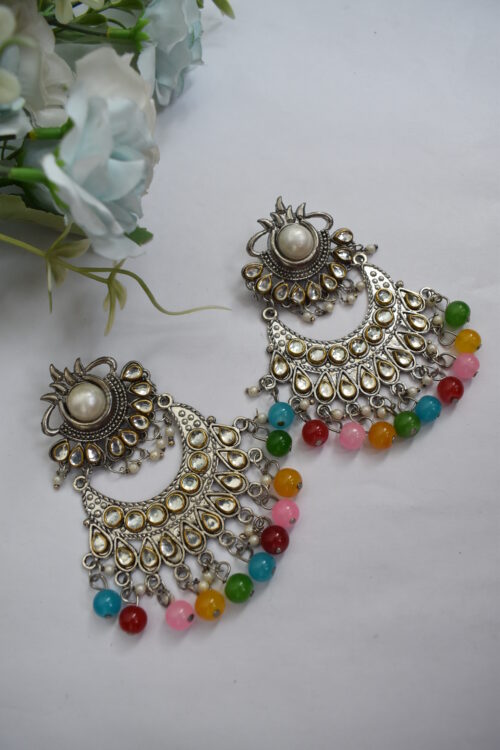 Oxidised German Silver Multicolor Pearl  & Mirror Chandbali Earrings