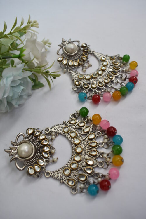 Oxidised German Silver Multicolor Pearl  & Mirror Chandbali Earrings