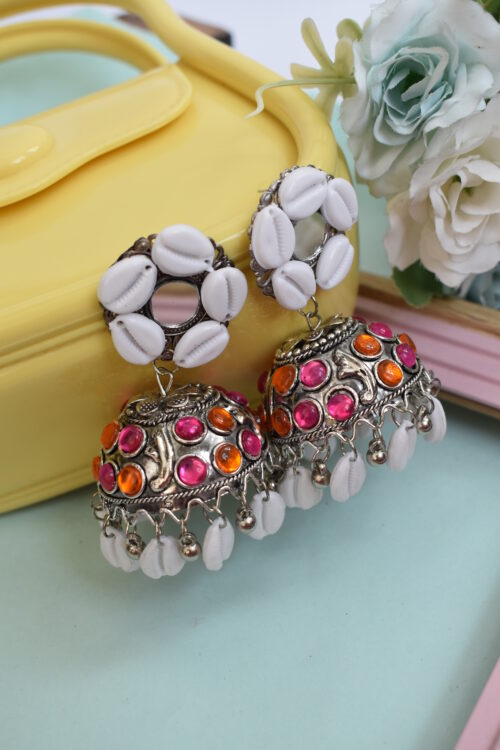 Sea Shell Oxidised Jhumka Earrings With Kodi Shankh