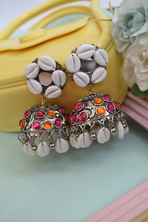 Sea Shell Oxidised Jhumka Earrings With Kodi Shankh