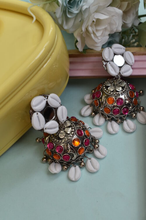 Sea Shell Oxidised Jhumka Earrings With Kodi Shankh