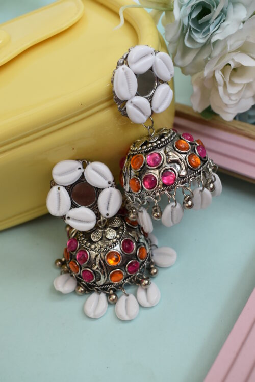 Sea Shell Oxidised Jhumka Earrings With Kodi Shankh