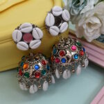 Sea Shell Boho Oxidised Jhumka Earrings With Kodi Shankh