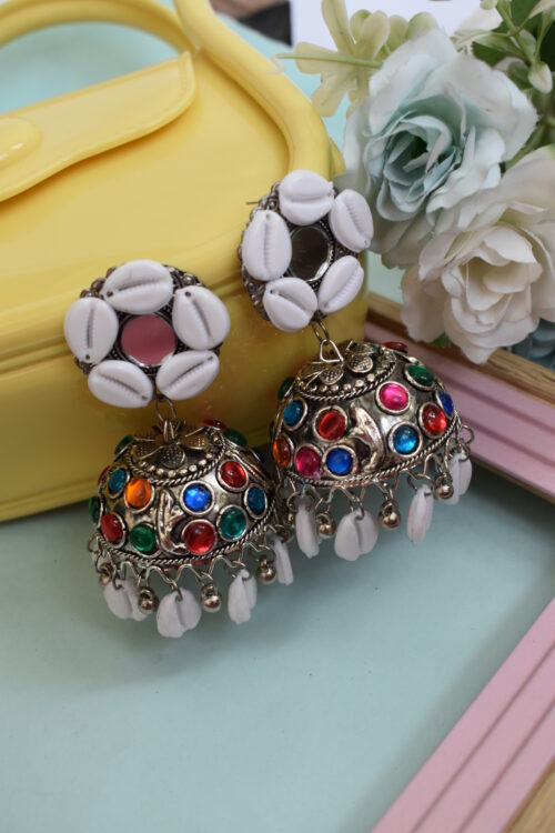 Sea Shell Boho Oxidised Jhumka Earrings With Kodi Shankh