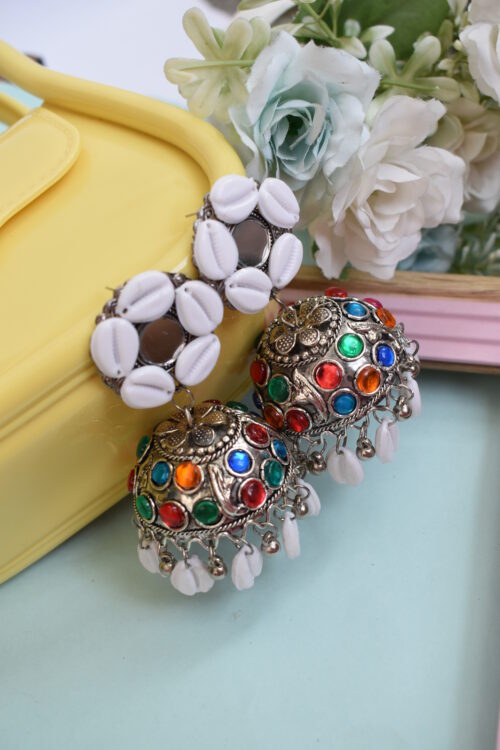 Sea Shell Boho Oxidised Jhumka Earrings With Kodi Shankh