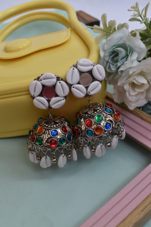 Sea Shell Boho Oxidised Jhumka Earrings With Kodi Shankh