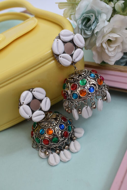 Sea Shell Boho Oxidised Jhumka Earrings With Kodi Shankh