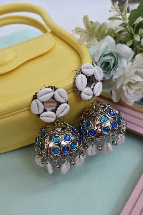 Sea Shell Oxidised Jhumka Earrings With Kodi Shankh