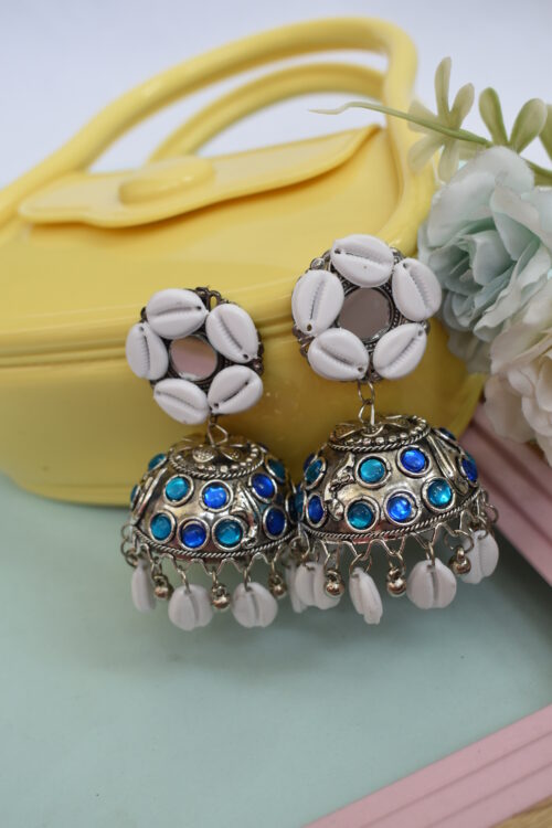 Sea Shell Oxidised Jhumka Earrings With Kodi Shankh