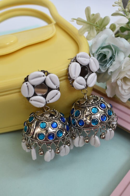 Sea Shell Oxidised Jhumka Earrings With Kodi Shankh