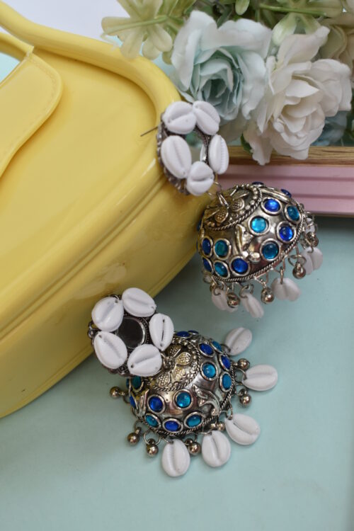 Sea Shell Oxidised Jhumka Earrings With Kodi Shankh