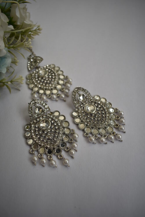 Mirror And Pearl Studded Silver Earrings Set