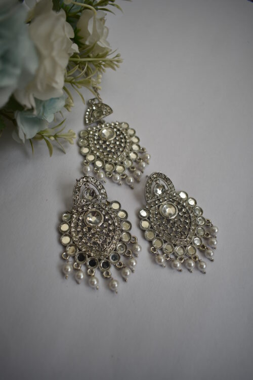 Mirror And Pearl Studded Silver Earrings Set