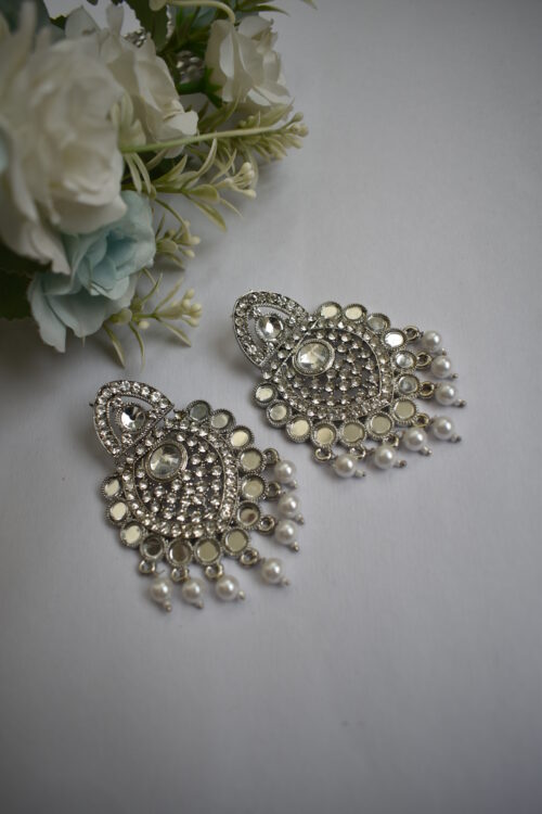 Mirror And Pearl Studded Silver Earrings Set