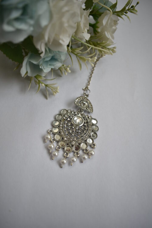 Mirror And Pearl Studded Silver Earrings Set